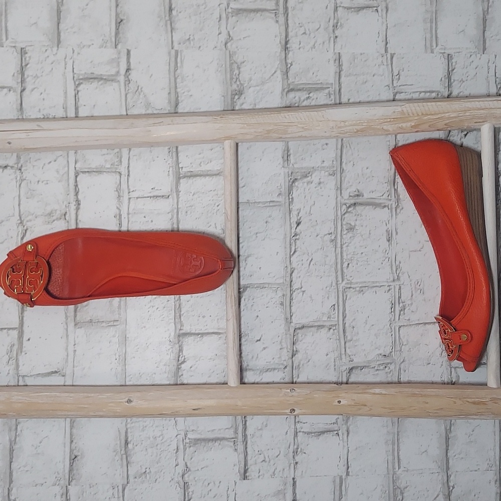 Tory Burch Amanda demi wedge tumbled leather orange slip on shoe